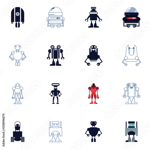 Set of vector icons of robots with white background