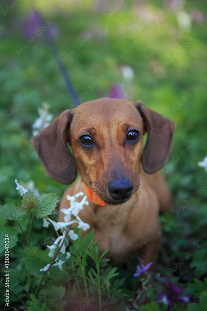The dachshund walks on the lawn. Green grass and flowers on the background. Walking a dog on a leash The dachshund walks on the lawn. Green grass and flowers on the background. Walking a dog on a leash