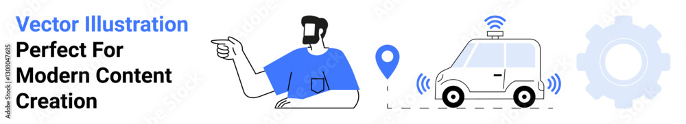 Person pointing to map pin beside autonomous vehicle with wireless signals. Ideal for technology, navigation, innovation, mobility, logistics, communication, flat landing page banner Person pointing to map pin beside autonomous vehicle with wireless signals. Ideal for technology, navigation, innovation, mobility, logistics, communication, flat landing page banner
