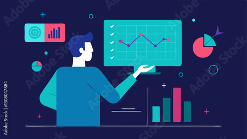 Predictive Analytics A manager analyzing a holographic screen displaying predictive analytics for demand forecasting with trends and projections clearly visualized.