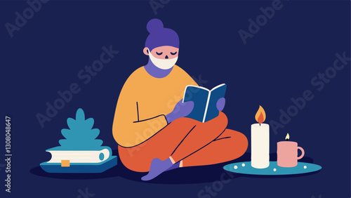 SelfCare Evening An influencer enjoying a cozy evening with a face mask and a book surrounded by candles and a warm blanket with a smartphone capturing the relaxing vibe for social