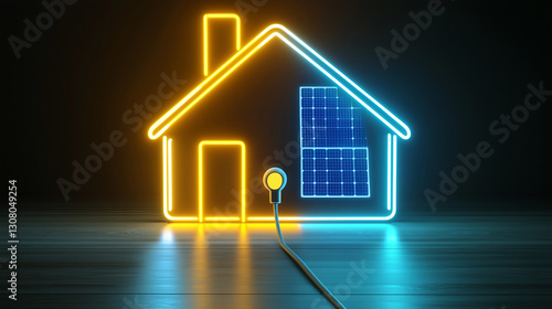 オール電化のスマートホームの未来を象徴するネオン風アイコン電化電気料金