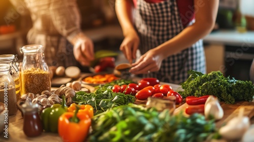 A diverse family preparing a healthy meal together in a modern kitchen, with colorful ingredients spread across the counter, emphasizing family wellness, photographed in a cozy, lifestyle style 