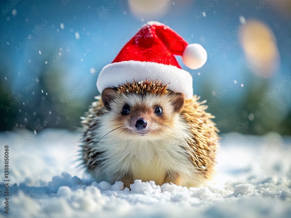 Cheerful Hedgehog in Santa Hat on Snowy Background - Cute Christmas Animal Stock Photo Cheerful Hedgehog in Santa Hat on Snowy Background - Cute Christmas Animal Stock Photo