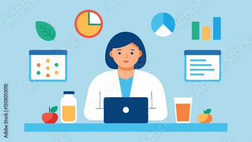 Nutritionist Desk A nutritionist sits at a desk surrounded by colorful charts and infographics that represent different diets tailored to individual needs with a digital tablet