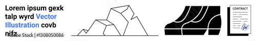 Abstract line rock shapes, formal footwear silhouette, and signed contract document for legal, business, fashion, formalities, agreements, structures, reliability flat landing page banner