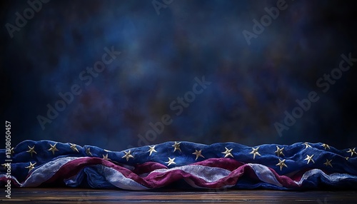 American flag draped, wooden surface, dark background photo