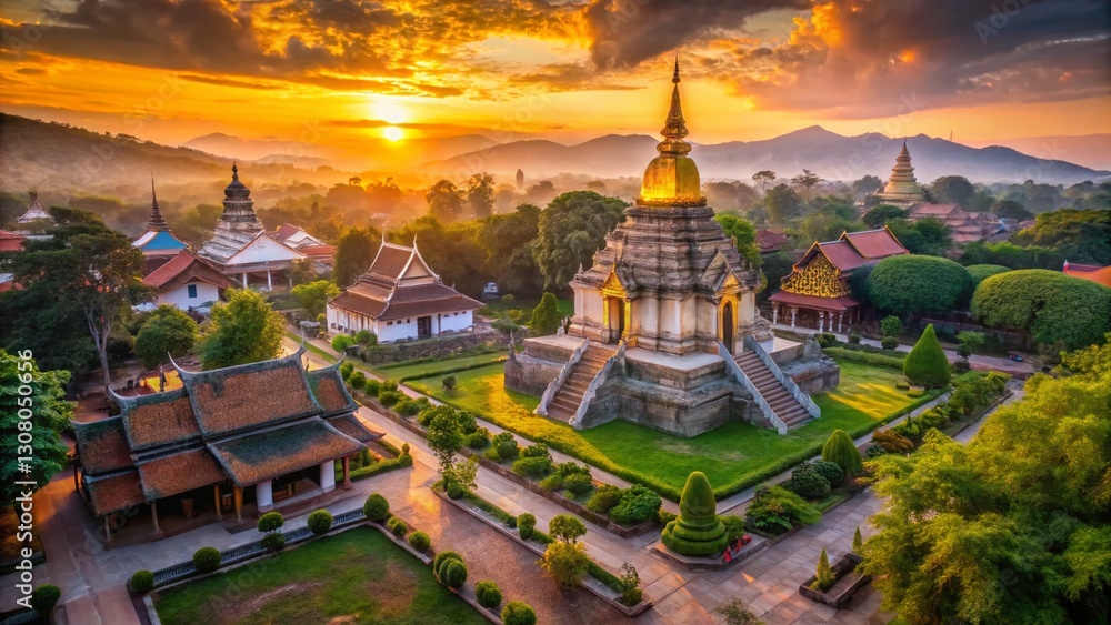 Fototapeta premium Chiang Mai's Wat Chedi Luang: Majestic Ruins of a Royal Stupa at Sunset