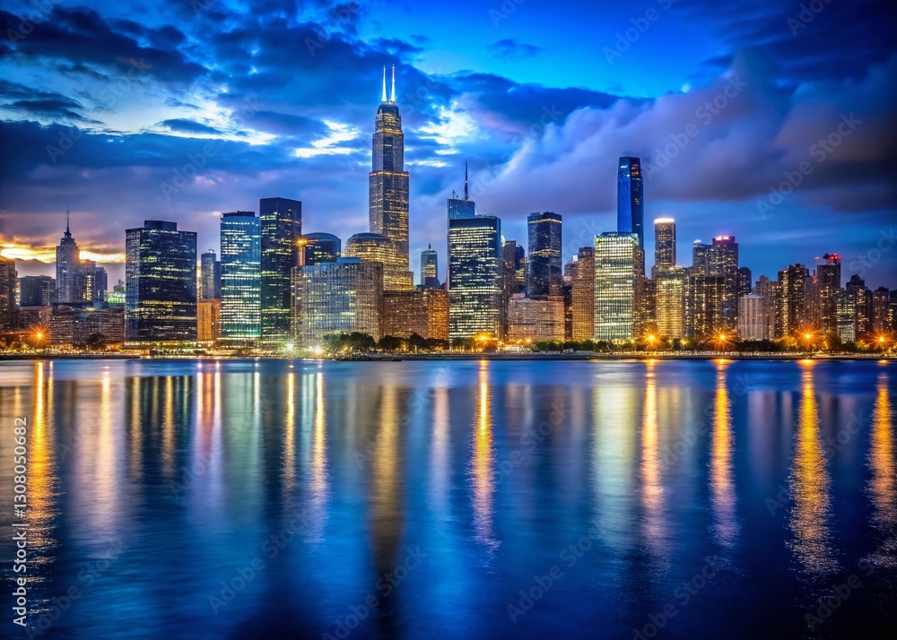 Chicago Downtown Skyline Night View from Lake Michigan - Low Light Photography Chicago Downtown Skyline Night View from Lake Michigan - Low Light Photography
