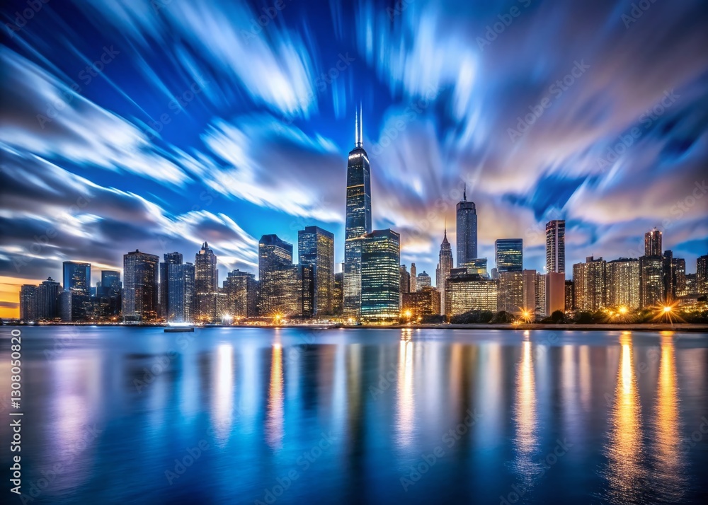 Fototapeta premium Chicago Skyline Long Exposure, Windy City Night Lights, Blurred Motion, Urban Landscape