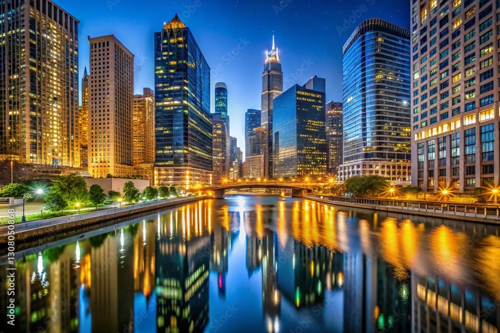 Fototapeta premium Chicago Skyline Night Photography: Tall Buildings Reflecting on River Under Clear Night Sky