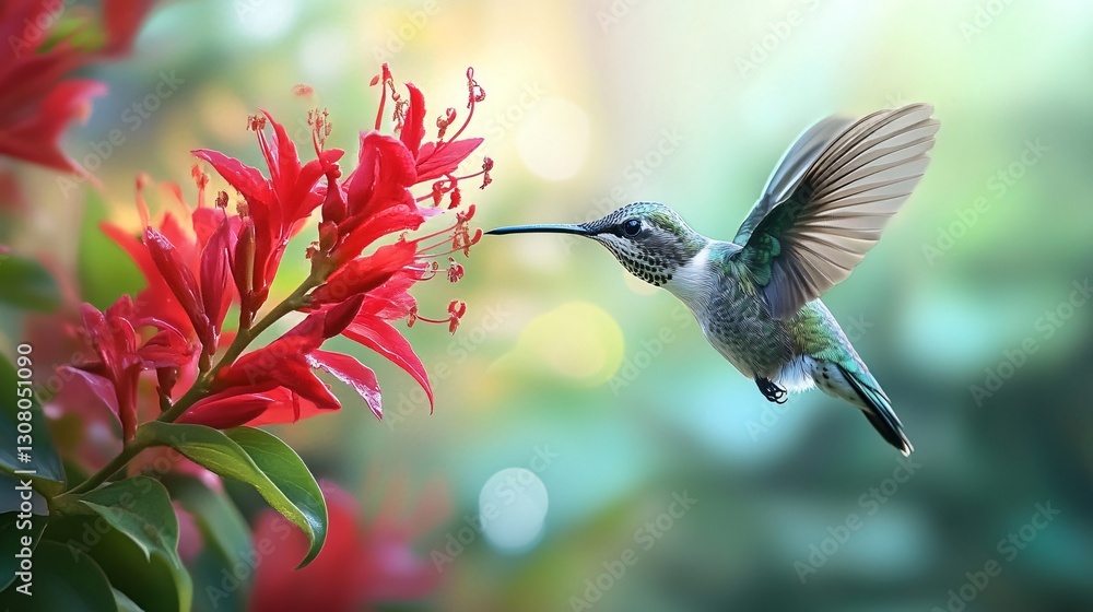 Fototapeta premium Vibrant Hummingbird and Red Flower