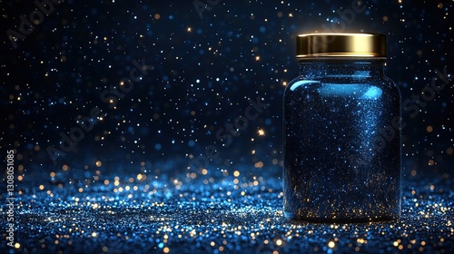 Glittering blue glass bottle on dark background