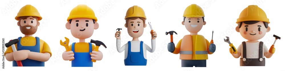 A group of men in construction uniforms are holding tools isolated on transparent background cutout A group of men in construction uniforms are holding tools isolated on transparent background cutout