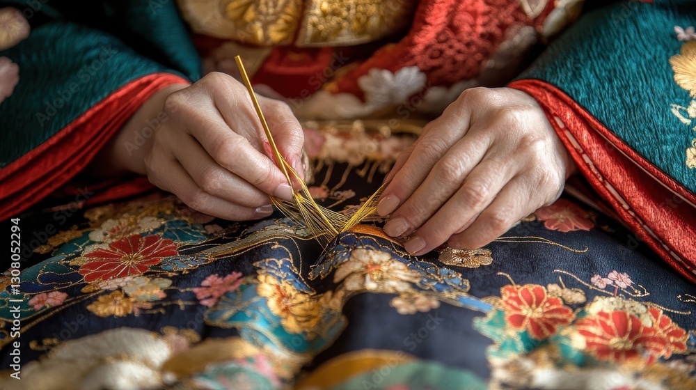 A person is working on fabric with yellow threads carefully A person is working on fabric with yellow threads carefully