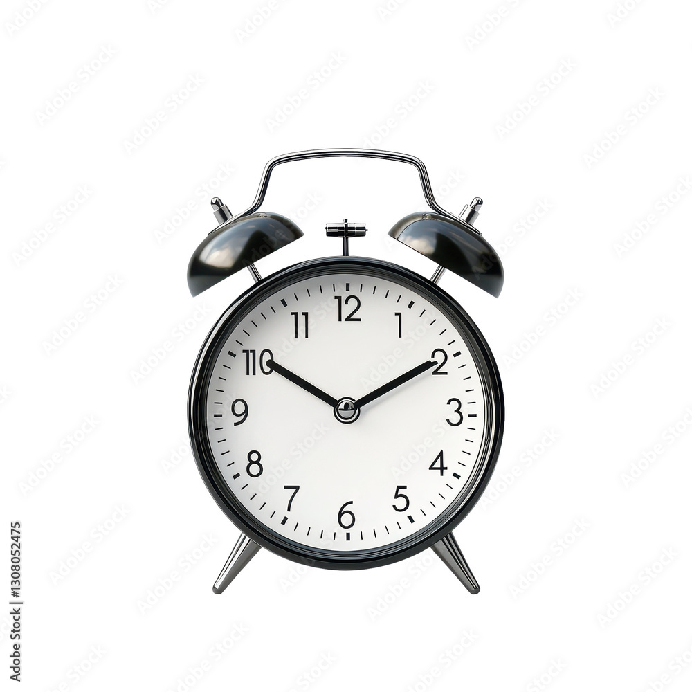 Classic black alarm clock with white face and silver accents Classic black alarm clock with white face and silver accents