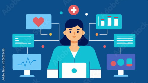 Remote Monitoring System An illustration of a nurse analyzing patient data on multiple screens showcasing realtime health metrics from remote monitoring devices.