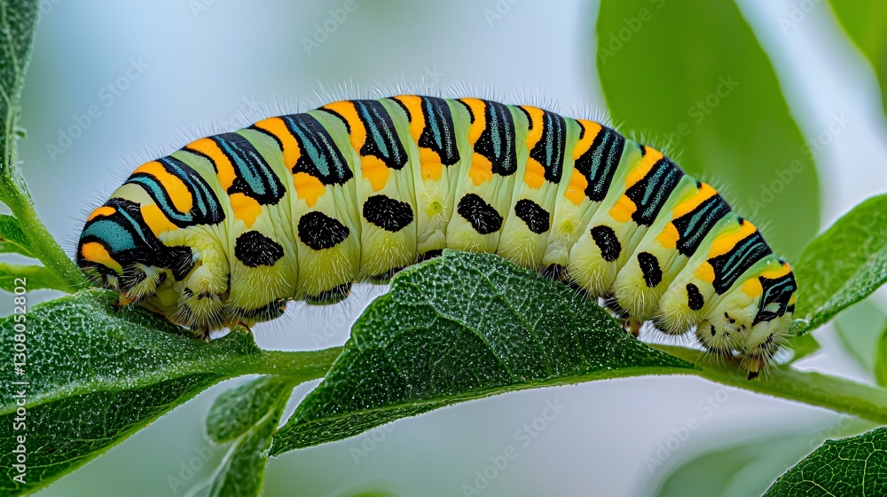 Fototapeta premium Colorful caterpillar on leaf, garden, macro shot, nature