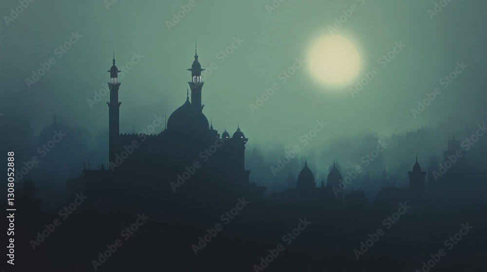 Fototapeta premium Mosque silhouette, misty dawn, city skyline, peaceful scene