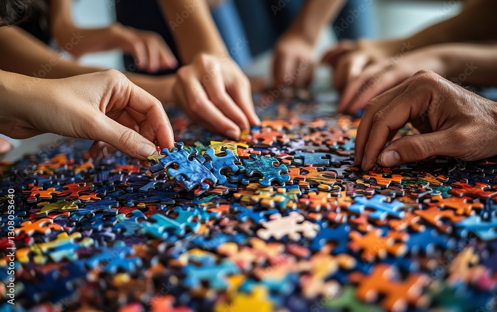 Teamwork in action, diverse group of people assembling colorful jigsaw puzzle, collaborative effort, fun and creative atmosphere, success in group project Teamwork in action, diverse group of people assembling colorful jigsaw puzzle, collaborative effort, fun and creative atmosphere, success in group project