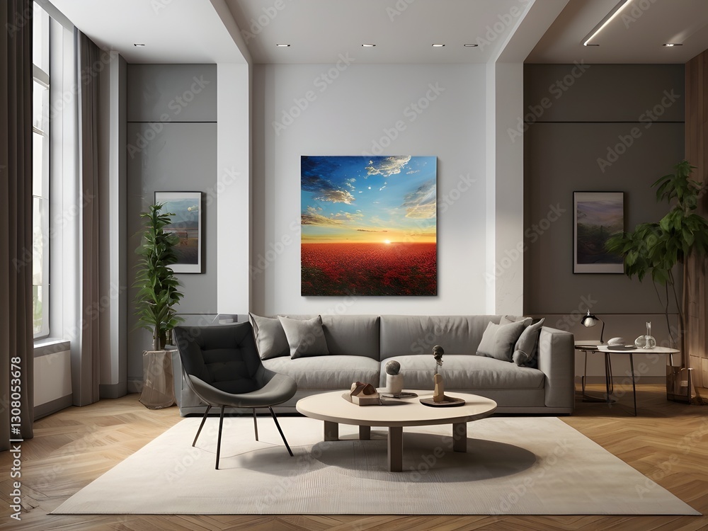 Modern Living Room with Abstract Sunset Artwork Modern Living Room with Abstract Sunset Artwork