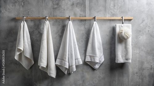 Wallpaper Mural Clean White Bath Towels Hanging on Hook, Grey Wall Background, Spa Relaxation Torontodigital.ca