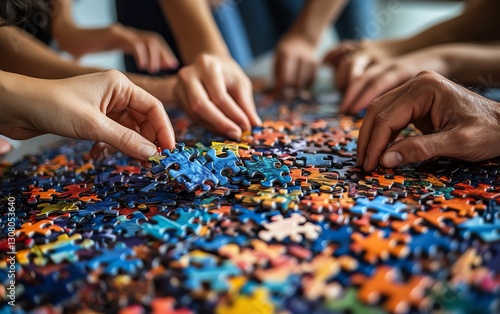 Teamwork in action, diverse group of people assembling colorful jigsaw puzzle, collaborative effort, fun and creative atmosphere, success in group project