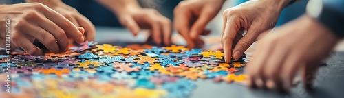 Collaborative teamwork, diverse group of people assembling a colorful jigsaw puzzle, creative effort in progress, fun atmosphere, successful group project