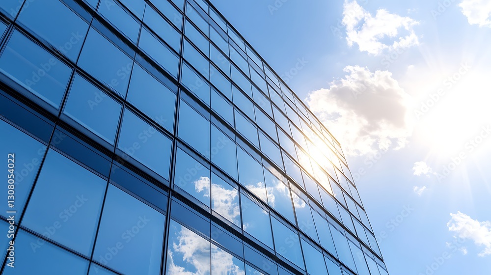 Reflective glass building facade under a bright sky with clouds. Reflective glass building facade under a bright sky with clouds.