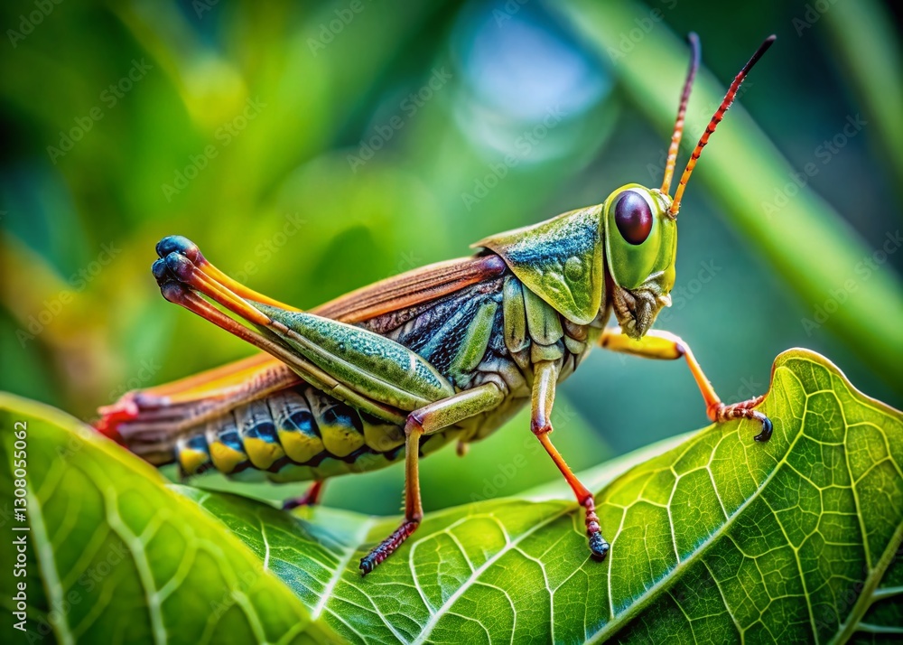 Close-Up Grasshopper on Green Leaf – Detailed Wings & Body Macro Photography Close-Up Grasshopper on Green Leaf – Detailed Wings & Body Macro Photography