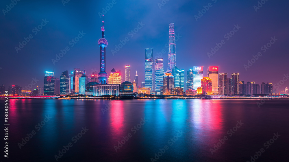Shanghai Skyline: A mesmerizing view of the Shanghai skyline at night, with illuminated skyscrapers reflecting in the tranquil water, creating a vibrant and captivating cityscape. Shanghai Skyline: A mesmerizing view of the Shanghai skyline at night, with illuminated skyscrapers reflecting in the tranquil water, creating a vibrant and captivating cityscape.