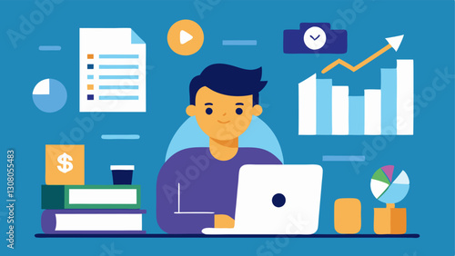 Researching Game Trends A journalist surrounded by books and articles about esports highlighting market trends and player growth with charts and infographics tered across the desk.