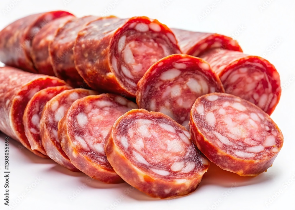 Close-up Macro Shot of Salchichon Sausage Slices Isolated on White Background Close-up Macro Shot of Salchichon Sausage Slices Isolated on White Background