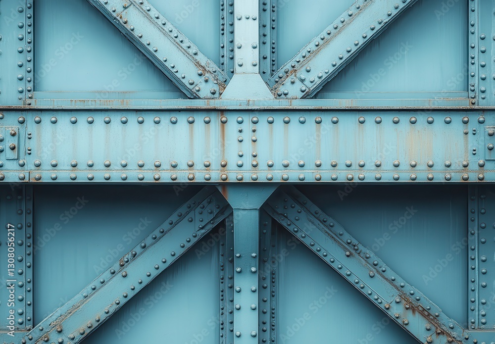 Fototapeta premium Abstract close-up of a blue steel bridge structure showcasing intricate patterns and textures, creating a visually striking industrial backdrop for design projects
