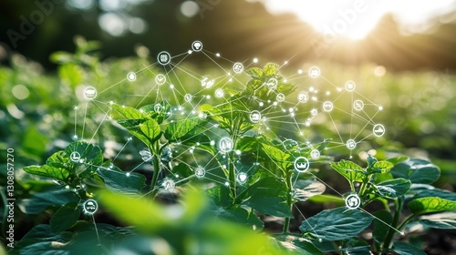 Smart agriculture, connected plants, field, sunrise, data visualization photo