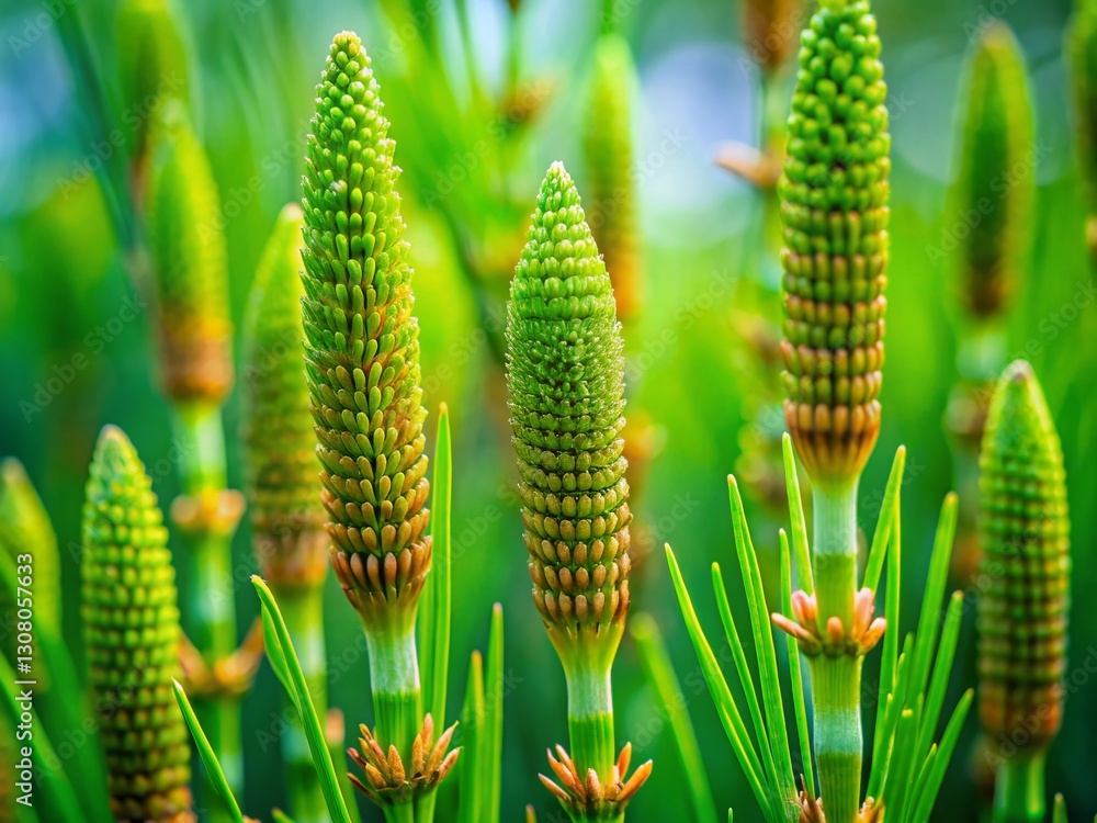 Close-up of Field Horsetail Spore-Bearing Stems, Selective Focus, Blurred Green Background Close-up of Field Horsetail Spore-Bearing Stems, Selective Focus, Blurred Green Background