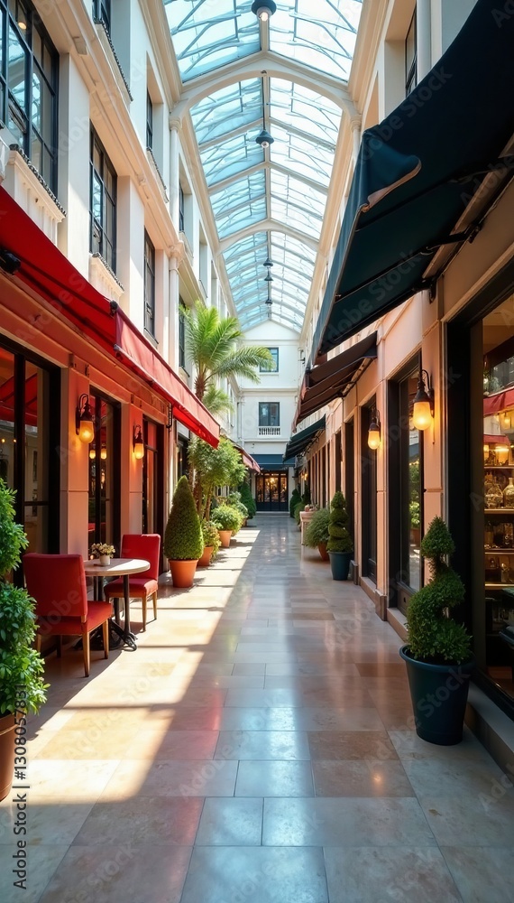 Obraz premium Bright and bustling business center corridor with stylish cafes and boutiques, businesses, city