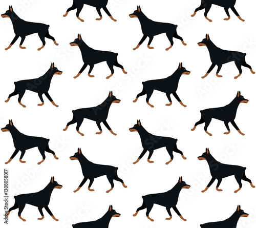 Vector seamless pattern of flat hand drawn running doberman dog isolated on white background