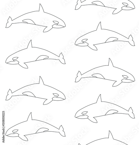 Vector seamless pattern of flat hand drawn killer outline whale isolated on white background