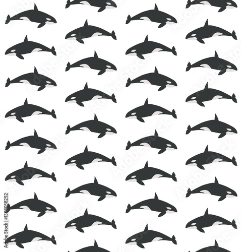 Vector seamless pattern of flat hand drawn killer whale isolated on white background