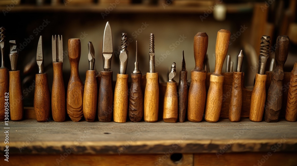 Collection of Carving Tools on Wooden Table Surface for Crafting