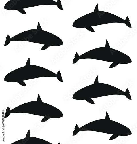 Vector seamless pattern of flat hand drawn killer whale silhouette isolated on white background