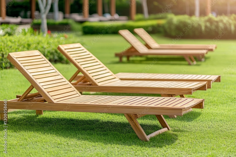 Wooden garden loungers placed on green grass near a pool, surrounded by lush tropical plants. Wooden garden loungers placed on green grass near a pool, surrounded by lush tropical plants.