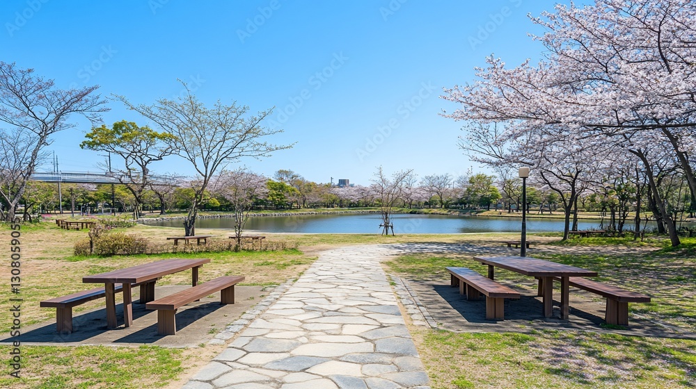 Naklejka premium Spring park picnic tables near lake, cherry blossoms