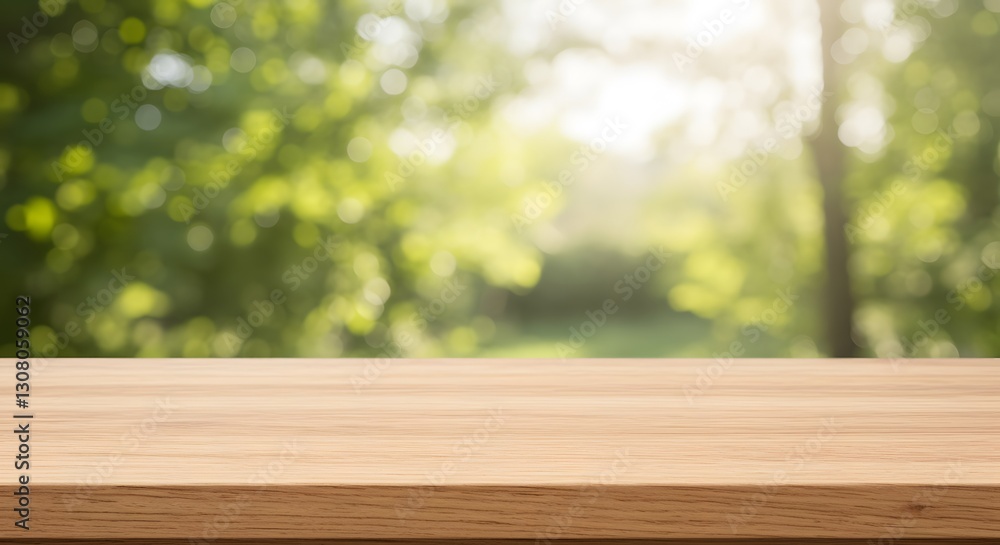 In a green forest, a wooden table stands, surrounded by tall trees blurred background. High quality photo, Wood table top on blur beautiful nature garden and green leaf tree background.