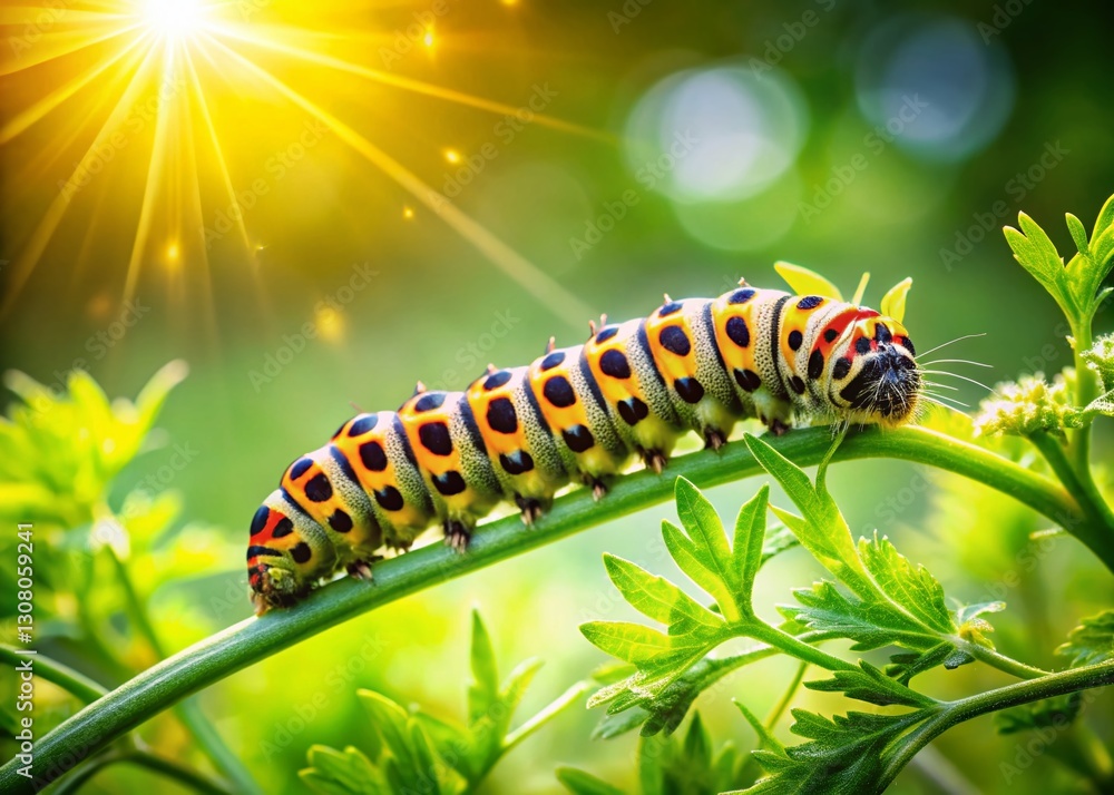 Close-up of Yellow Zygaena Caterpillar on Meadow Leaves with Bokeh Effect Close-up of Yellow Zygaena Caterpillar on Meadow Leaves with Bokeh Effect