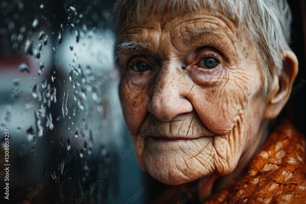 Portrait of an elderly woman with raindrops on her face. Portrait of an elderly woman with raindrops on her face.