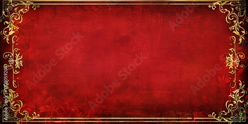 Red grunge background, ornate gold frame, elegant design, invitation template