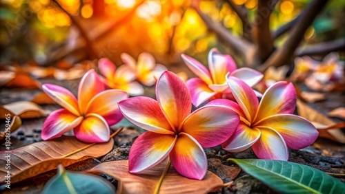 Close-Up Plumeria Blossoms & Fallen Leaves - Long Exposure Photography