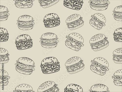 	
doodle burger pattern background. doodle fast food burger seamless pattern background. seamless pattern of hamburger in doodle style. Seamless Pattern of a Cheese Burger or Hamburger